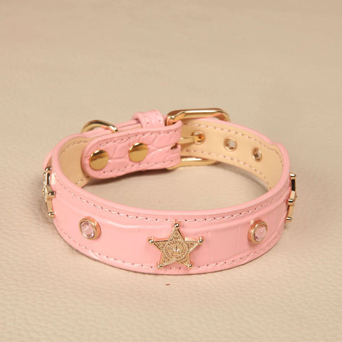 Pink star rhinestone leather pet collar with gold hardware and stitching