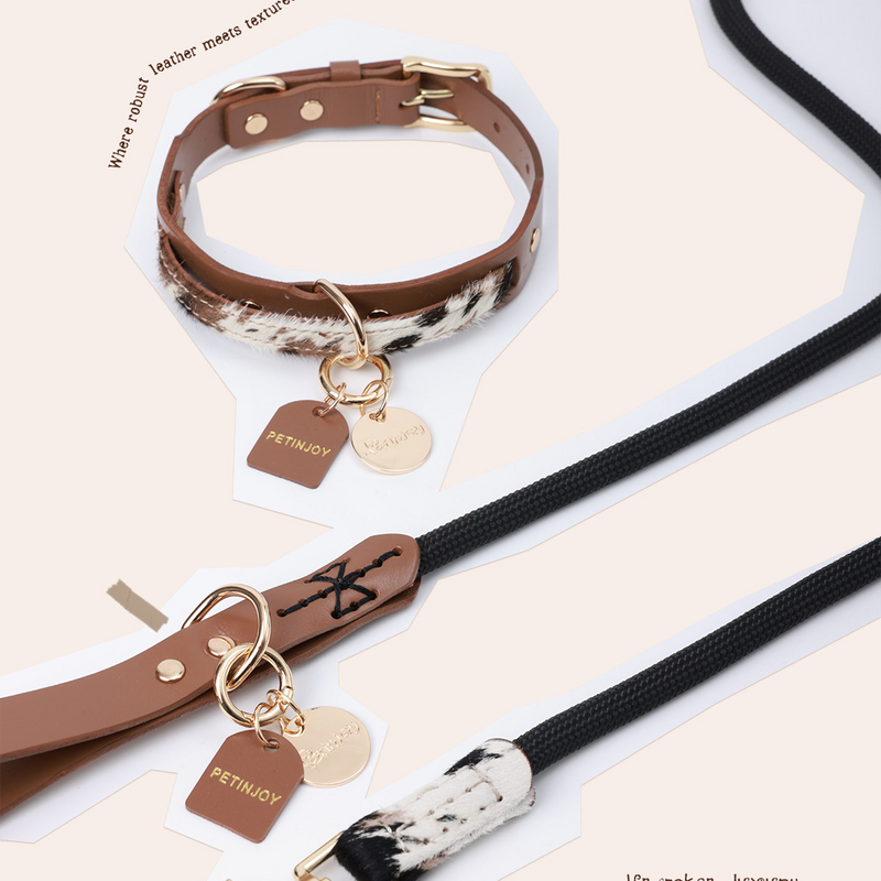 Tree-Bark Leather & Horsehair Patchwork Collar & Leash Set