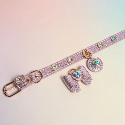 Close-up of purple leather collar with candy-colored rivets and gold buckle
