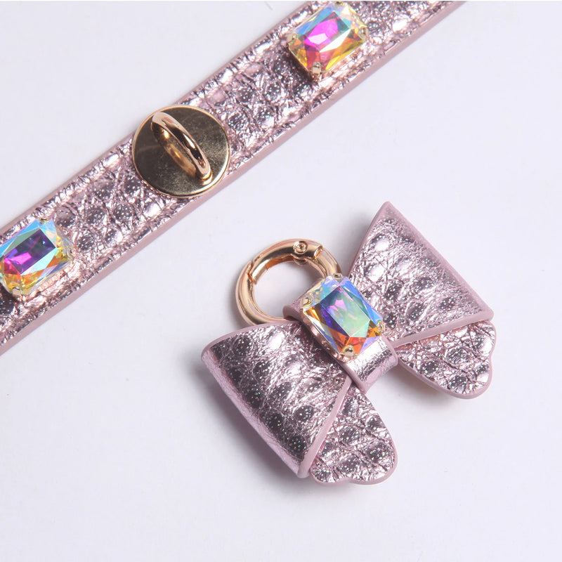 Purple leather pet collar with gold buckle, rhinestone studs and butterfly bow