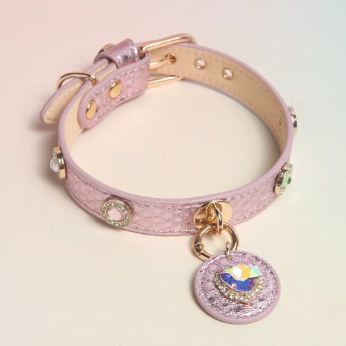 Purple metallic candy rivet leather dog collar with gold hardware