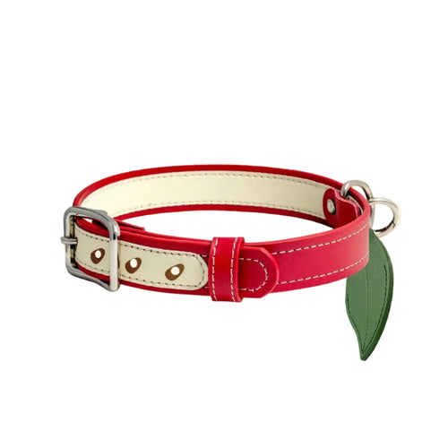 Red and white genuine leather dog collar with green leaf charm - apple design