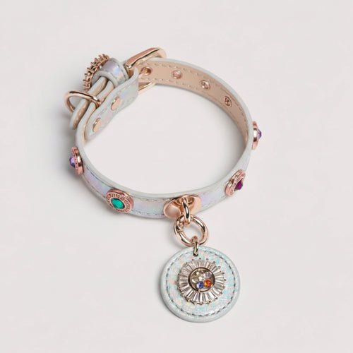 Back view of iridescent leather pet collar showing inner lining and gold hardware