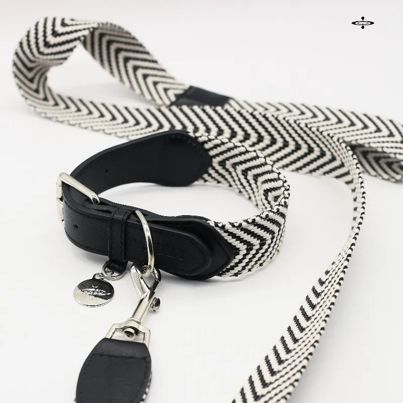 A luxury dog collar and leash set featuring a black leather front with a silver buckle, paired with a stylish black and white chevron patterned fabric strap and matching leash on a plain white background.