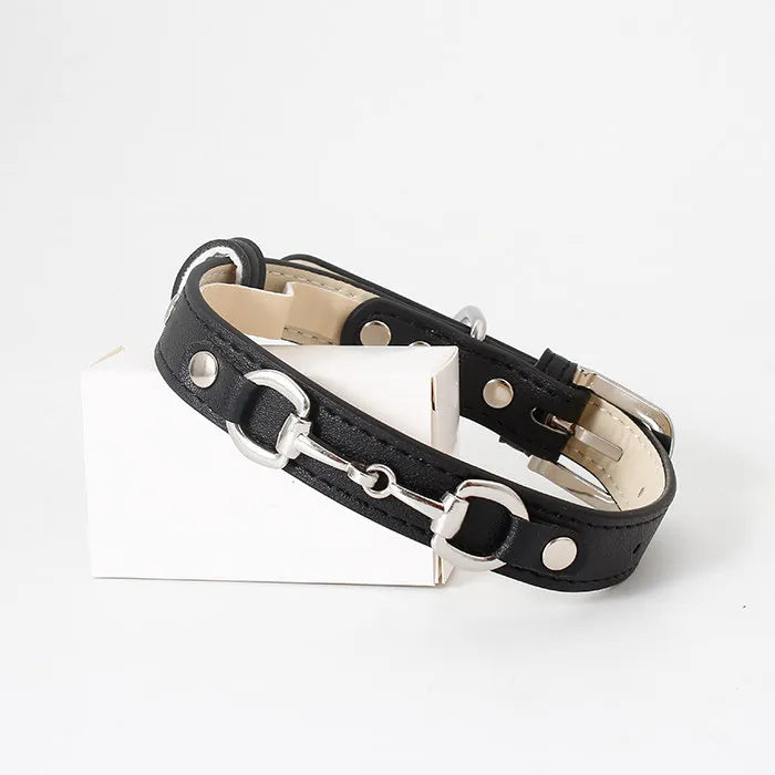 A high-quality black leather dog collar featuring a prominent silver horse-bit or snaffle bit decoration, silver studs, and a matching buckle, elegantly displayed on a white box against a plain white studio background.