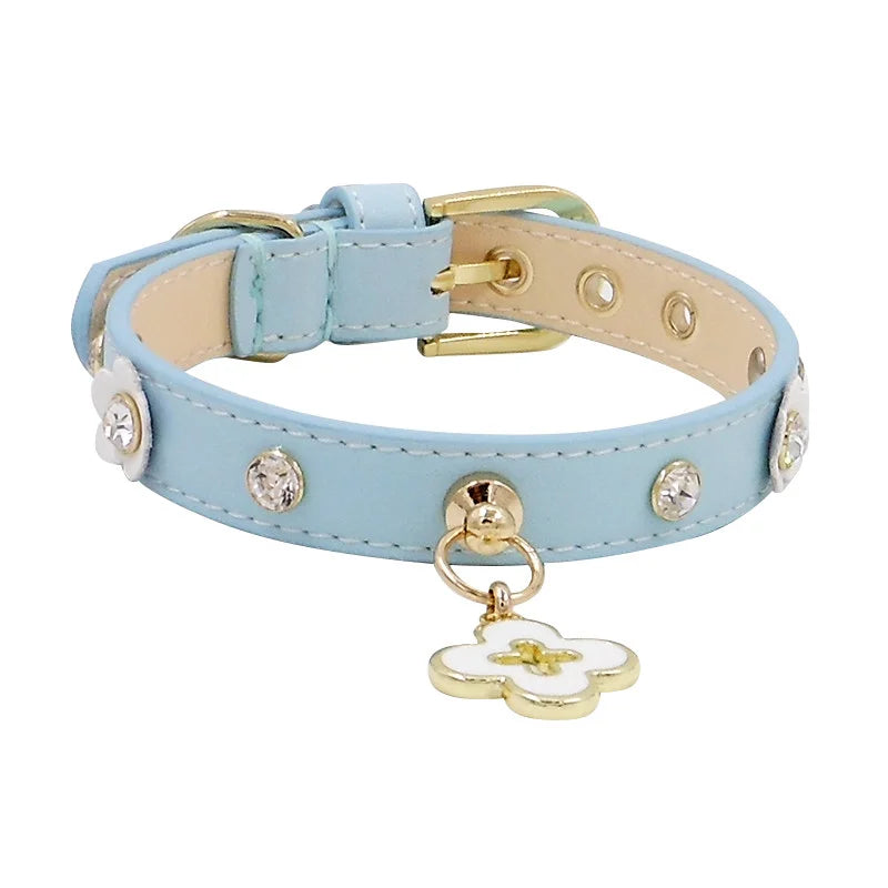 Blue flower rhinestone genuine leather pet collar close-up with gold buckle