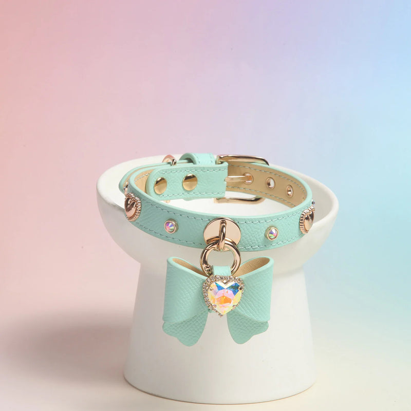 Bow Charm Rhinestone Genuine Leather Dog Collar
