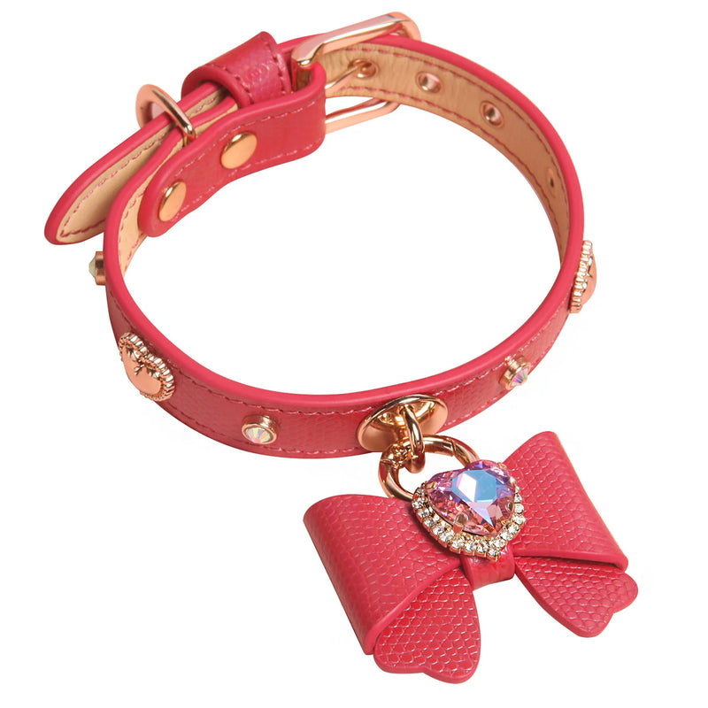 Bow charm rhinestone leather dog collar collection showing multiple color variants