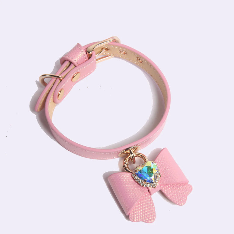 Bow charm collar color options: red, pink, yellow, cyan genuine leather variants