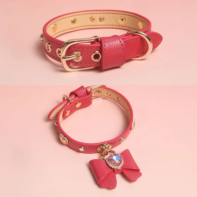 Close-up of yellow leather collar with rhinestone studs and gold-tone buckle