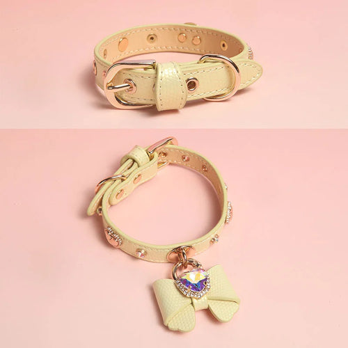 Yellow genuine leather dog collar with rhinestone studs and detachable bow charm with heart crystal