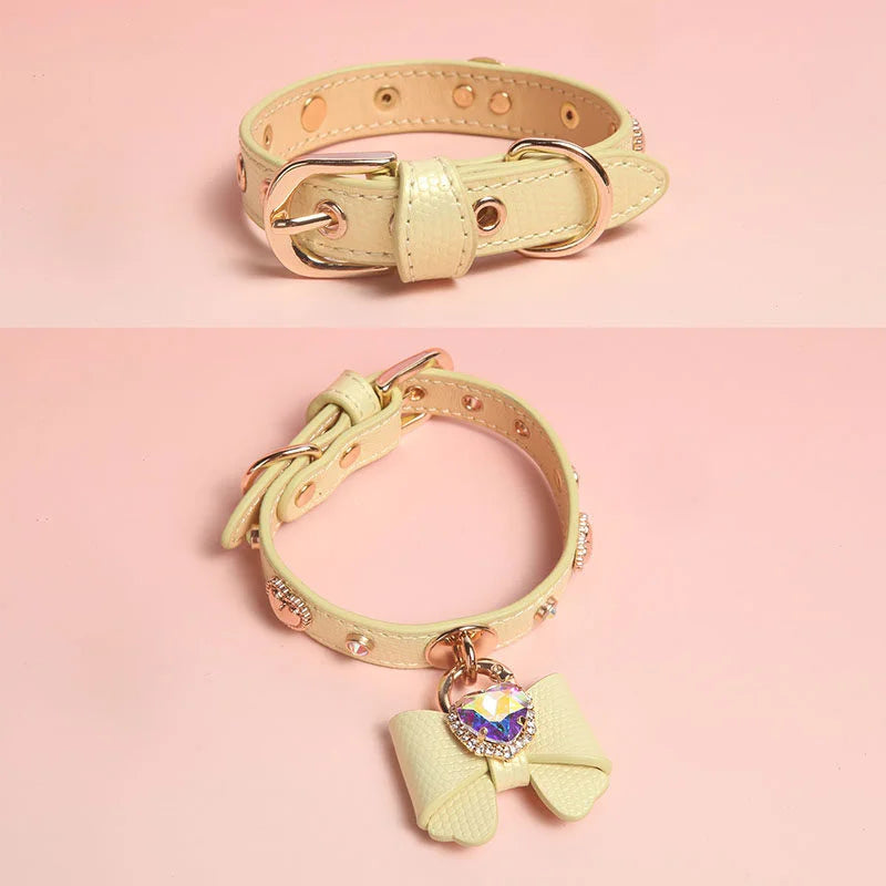 Yellow genuine leather dog collar with rhinestone studs and detachable bow charm with heart crystal