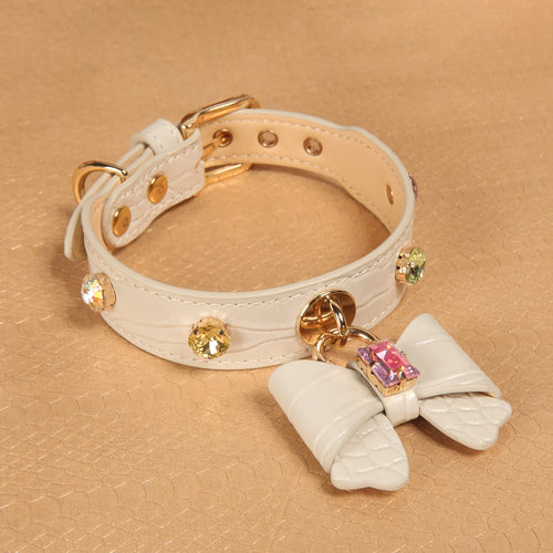 Small dog wearing white genuine leather collar with colorful crystal bow decoration