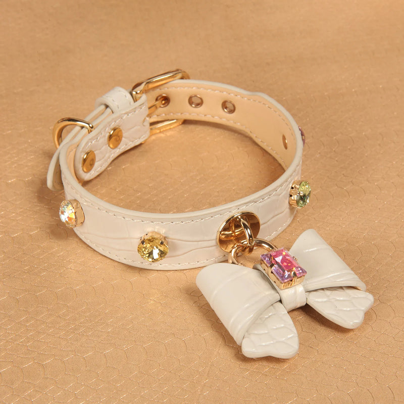 Small dog wearing white genuine leather collar with colorful crystal bow decoration