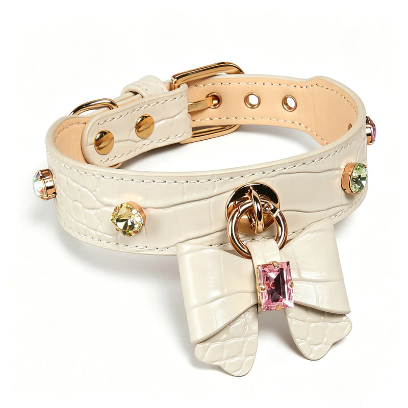 Colorful Crystal Bow White Genuine Leather Dog Collar