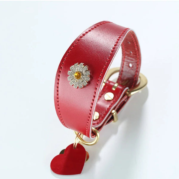 Double-Layer Box Leather Crystal Daisy Sighthound Collar