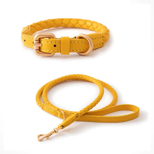 A vibrant mustard yellow braided leather dog collar and matching leash set featuring elegant rose gold hardware, displayed against a solid white background.