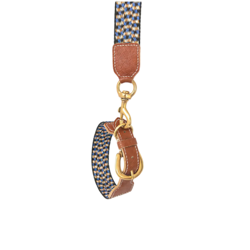 A stylish braided dog collar and matching leash featuring a blue, tan, and white chevron pattern with durable brown leather accents and gold-toned brass hardware against a solid black background.