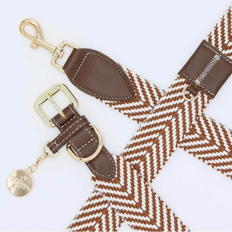 A matching brown and white herringbone patterned dog collar and leash set featuring premium brown leather trim and polished gold-toned hardware against a plain white background.