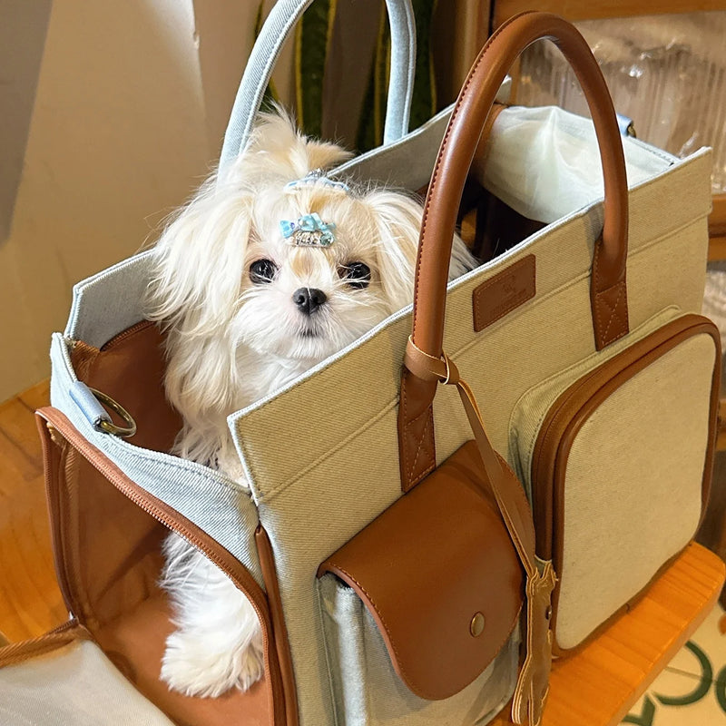 Cream canvas pet carrier bag with brown leather handles showing white dog with blue bow inside