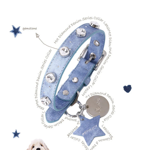 Sparkling blue denim dog collar embellished with large round clear crystals, featuring silver-toned metal hardware and a matching denim star charm.