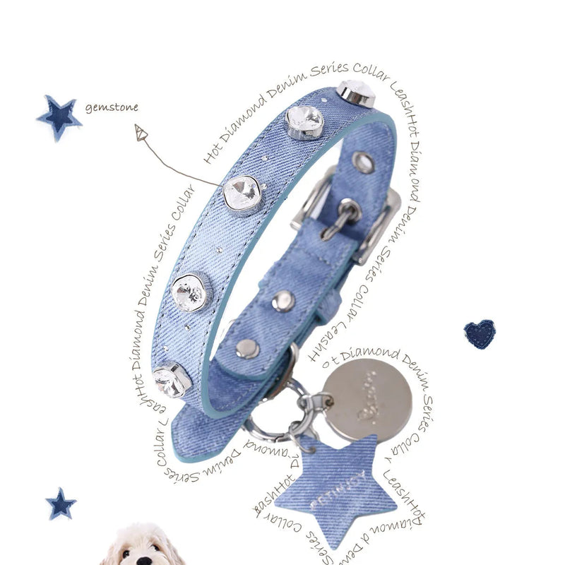 Luxury Crystal Denim Textured Leather Dog Collar & Leash Set