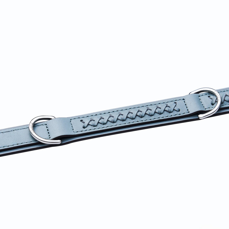 Sky blue cross-stitched leather dog collar - close-up detail view