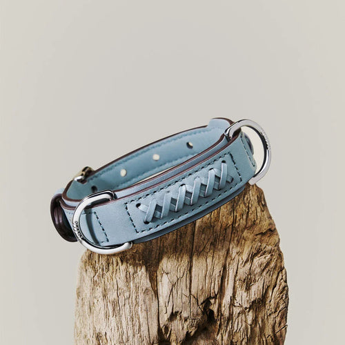 Sky blue cross-stitched leather dog collar - styled on driftwood