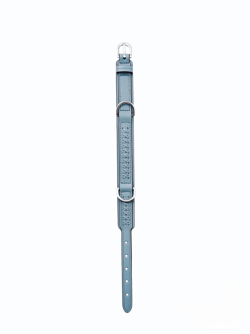 Sky blue cross-stitched leather dog collar - flat lay full view