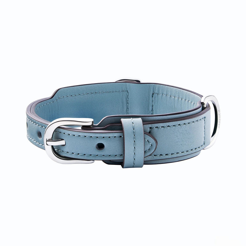 Sky blue cross-stitched leather dog collar - front studio view