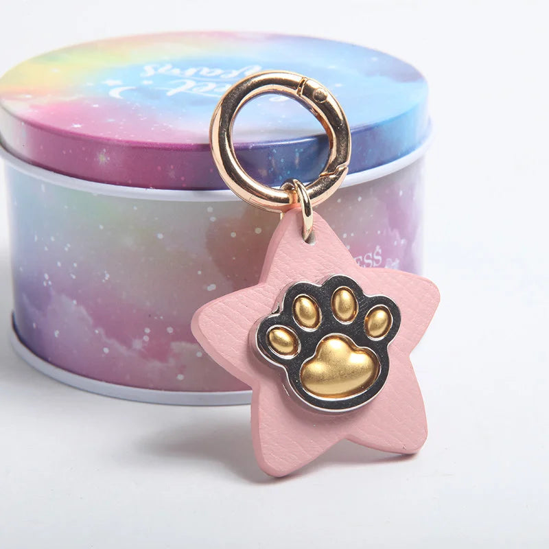 Round iridescent tin box packaging for star paw print pet tags