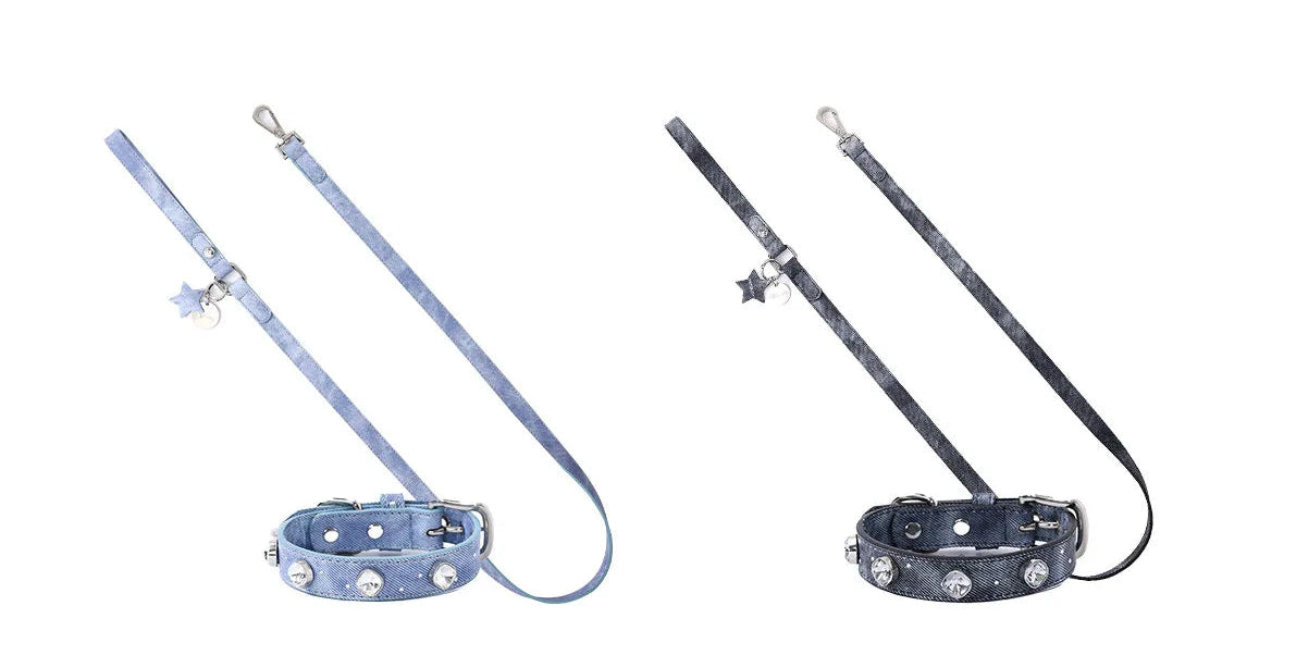 A product catalog image featuring two sparkling denim and crystal dog collar and leash sets in light mist blue and dark indigo blue, embellished with K9 crystals and star charms.