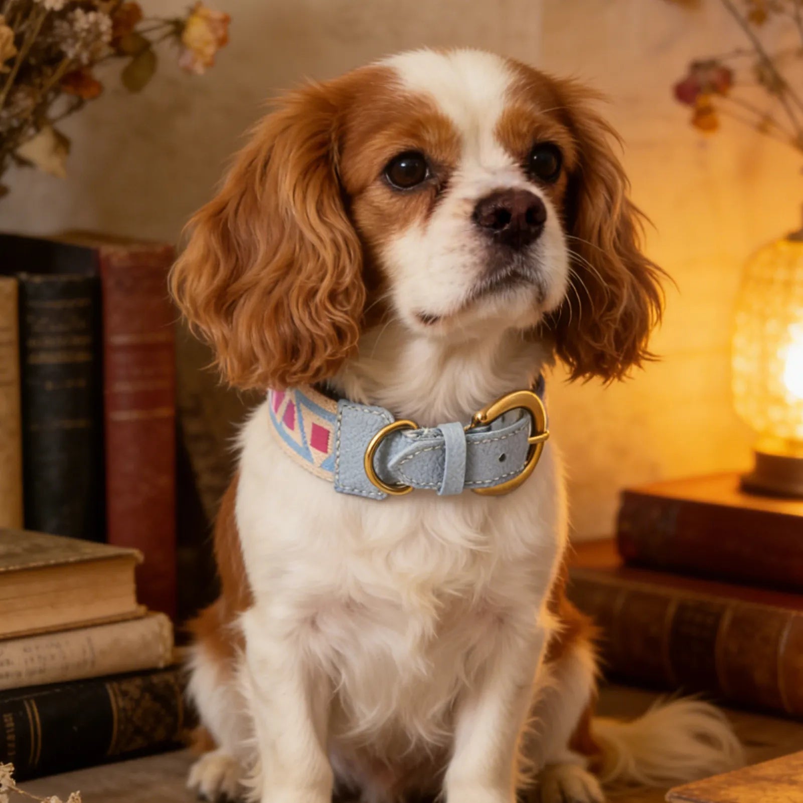 A Blenheim Cavalier King Charles Spaniel wearing a premium powder blue leather dog collar with a colorful geometric fabric inlay and a gold-tone buckle, sitting in a cozy library setting surrounded by antique books and warm lighting.