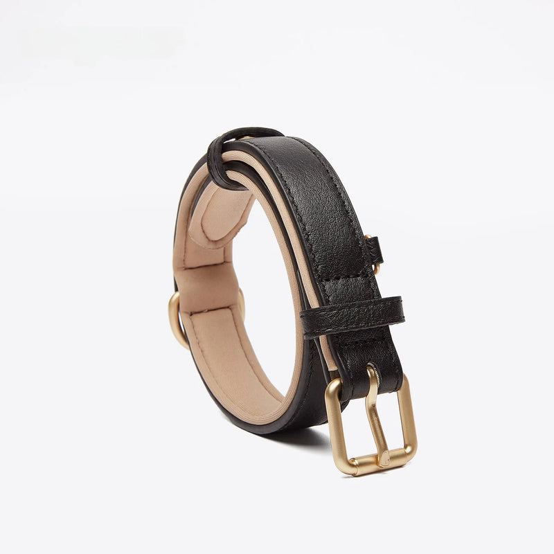 Black genuine leather dog collar with beige padded inner lining