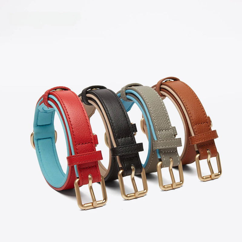 Brown genuine leather dog collar with beige comfort lining