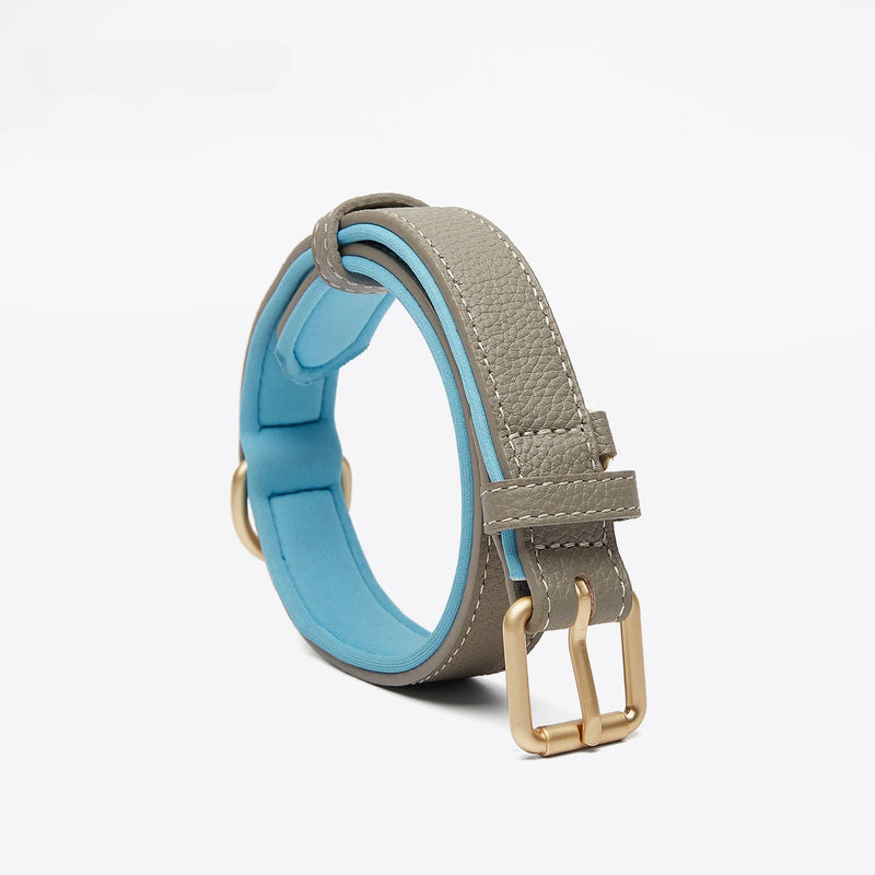 Grey textured leather dog collar with sky blue soft lining