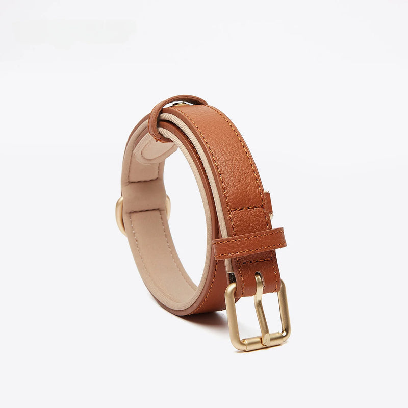 Red genuine leather dog collar with sky blue inner lining - double layer