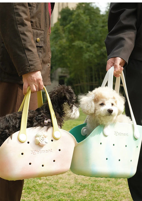 EVA pet tote bag in pink and green colors carried outdoors with small dogs