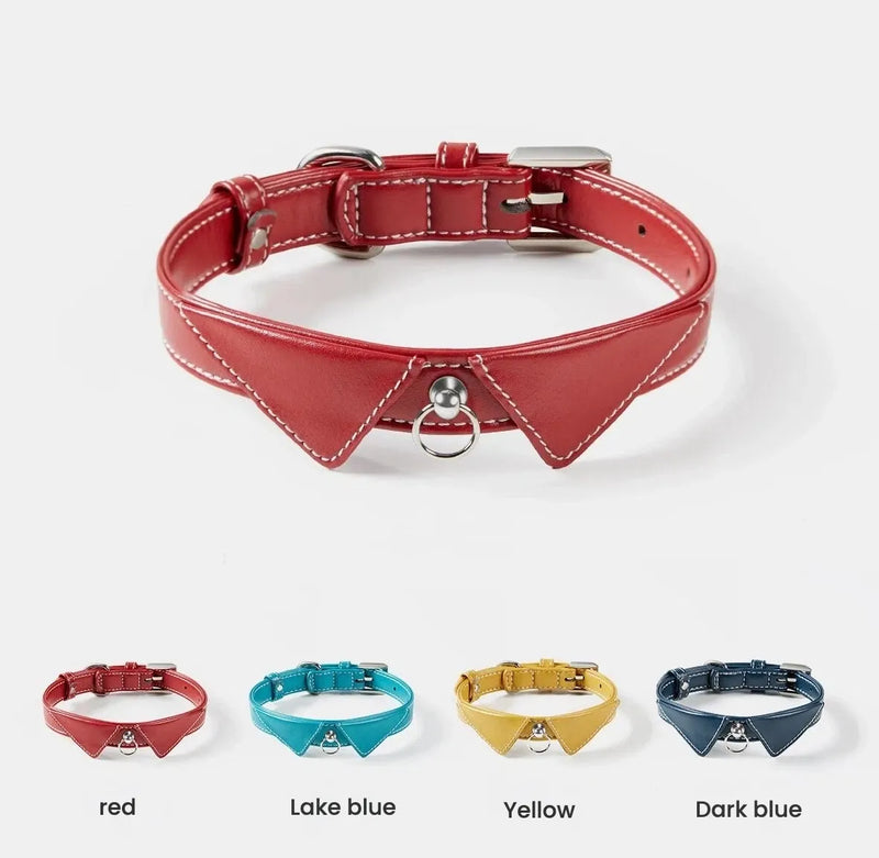 A collection of leather pet collars featuring a stylish shirt-collar design with white contrast stitching, shown in red, lake blue, yellow, and dark blue on a plain white background.