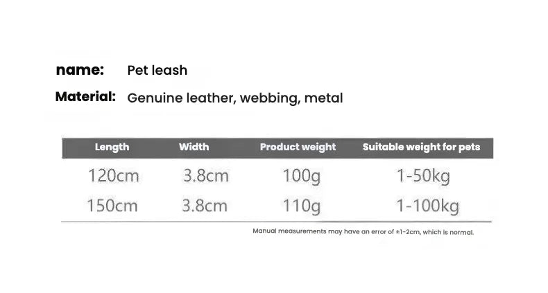 A detailed size guide table and diagram for a leash set made of genuine leather 