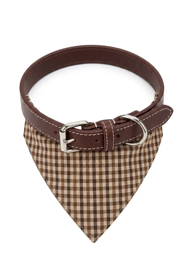 Genuine Leather Collar & Retro Plaid Bandana & Leash Set