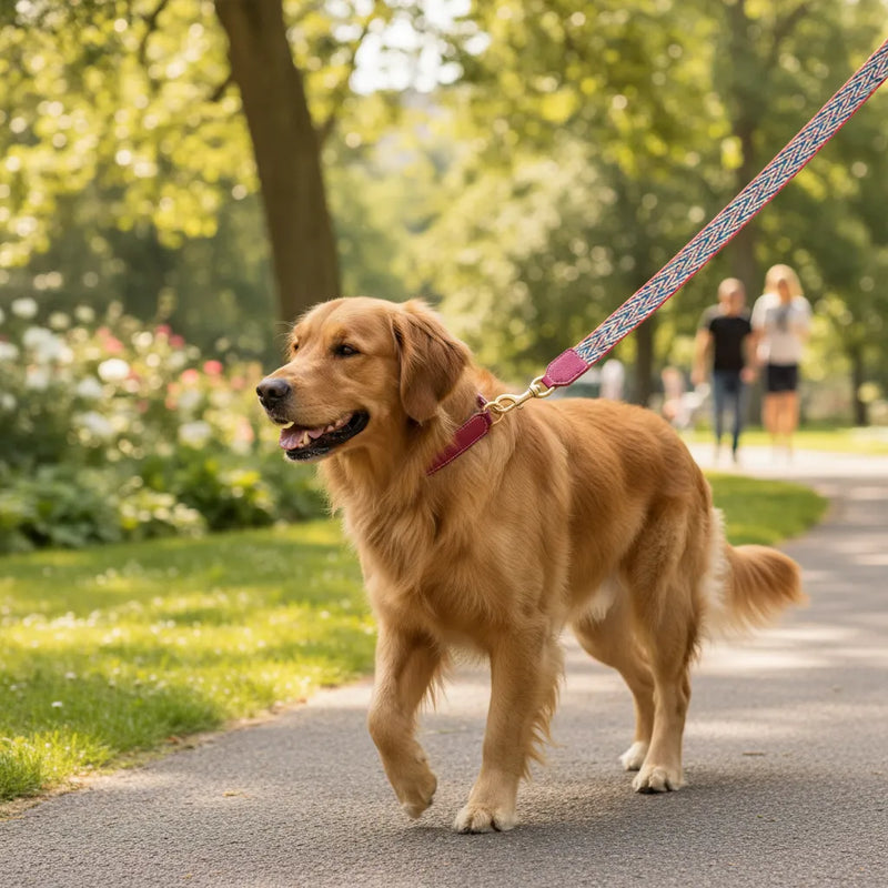 A Golden Retriever stands on a manicured green lawn wearing a handcrafted chevron webbing and leather collar set, with a saddle brown leather leash held by a person in professional attire.