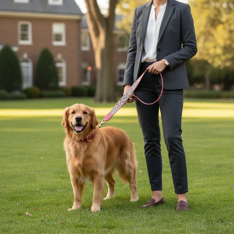 A Golden Retriever stands on a lush green manicured lawn wearing a handcrafted chevron webbing and saddle brown leather collar, with the matching leash held by a person in professional attire.