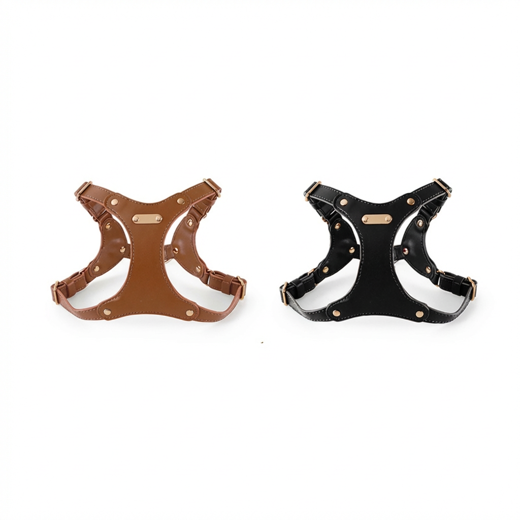 Handcrafted luxury genuine leather dog harness and leash set on white background. Elegant design with gold hardware.