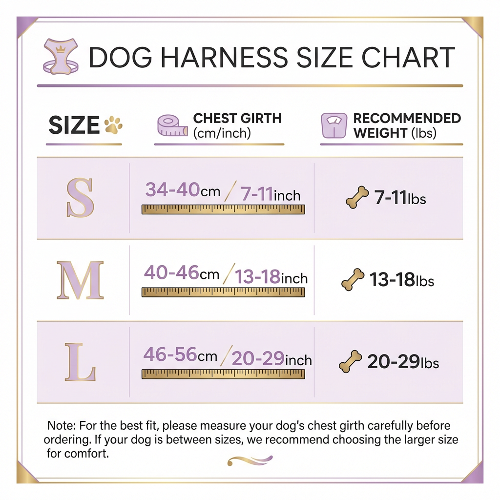 Professional English size chart for the handcrafted luxury genuine leather dog harness set.