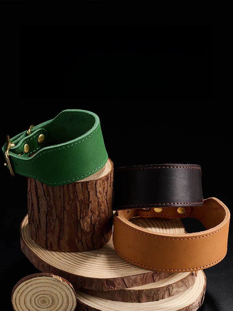 Leather sighthound collars lifestyle shot on natural wood