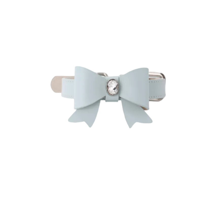 Handcrafted Nappa Leather Bow Pet Collar - Luxury Adjustable Accessory with Gemstone