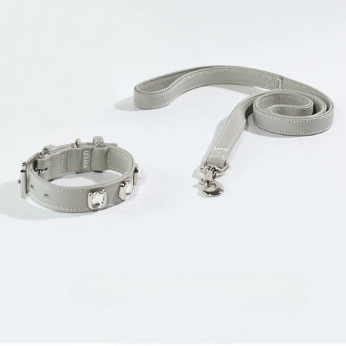 Litchi-grain white crystal dog collar and leash set - flat lay