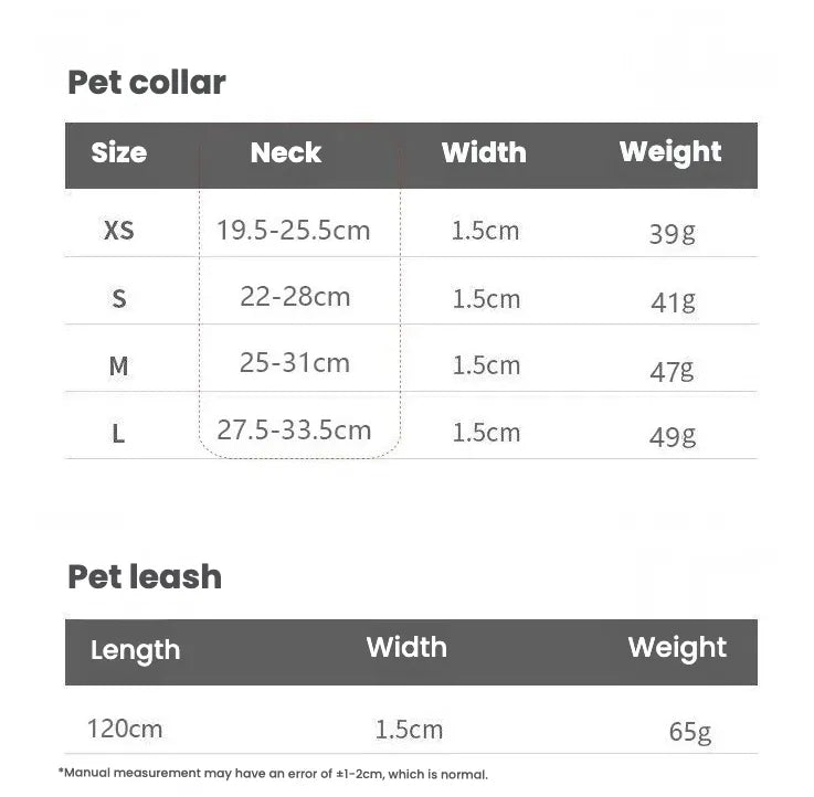 A comprehensive size guide for the Luxury Herringbone Pattern Dog Collar and Leash Set, detailing neck size ranges, width, and weight for XS through Large collar sizes and standard leash dimensions.