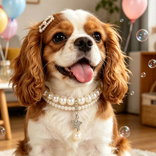A happy brown and white Cavalier King Charles Spaniel wearing a double-strand pearl collar with a star pendant and matching pearl hair clip, surrounded by festive balloons and floating bubbles in a cozy indoor setting.